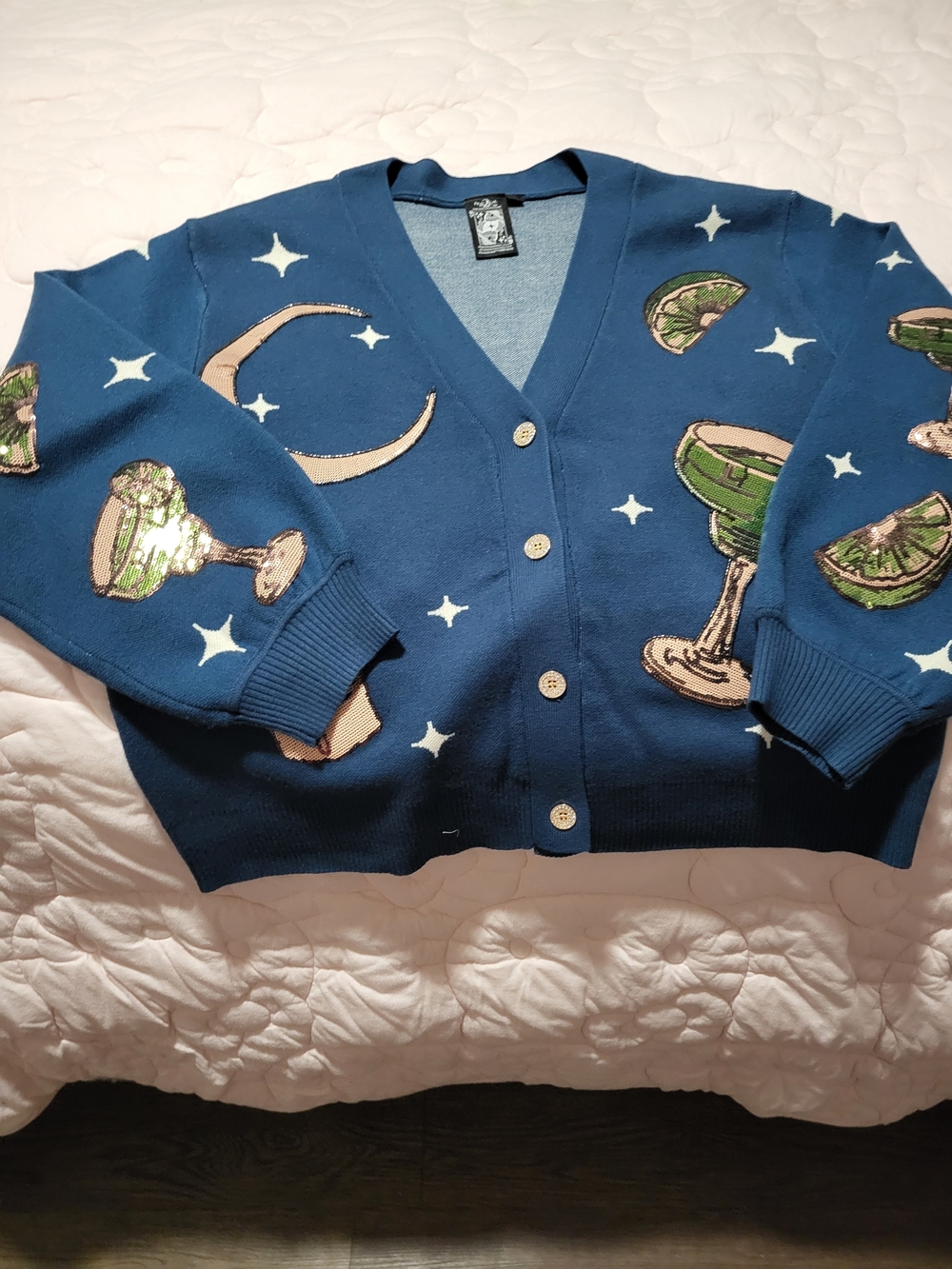 Queen Of Sparkles X Practical Magic - Blue Cocktail Glass Knit Cardigan Sweater